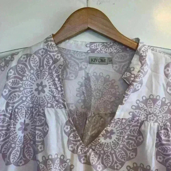 🌈 6/$60, Kiyomi House Dress, White/Lavendar, 3/4 Sleeve, Flower Print, Large - Picture 3 of 8